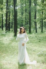 beautiful bride in a luxurious dress in eco-style