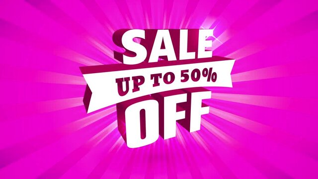 50 percent off sale publicity with big 3d metallic lettering with ribbon over brilliant fuchsia sunburst background
