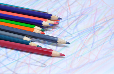 Pencils сolored on a white background close up. Drawing, art
