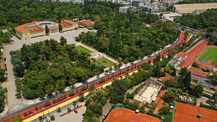 Fototapeta na wymiar Aerial drone photo of new renovated Vasilissis Olgas avenue pedestrian walk way part of new long walk of Athens centre in front of historical Zappeion hall, Attica, Greece