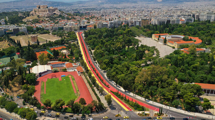 Aerial drone photo of new renovated Vasilissis Olgas avenue pedestrian walk way part of new long walk of Athens centre in front of historical Zappeion hall, Attica, Greece