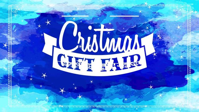 white xmas present fair with white offset decorated with papercut garland over blue watercolour background with fancy frame