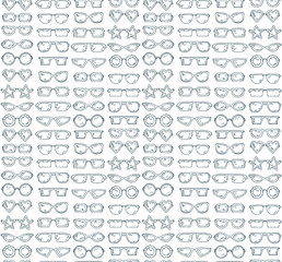 Fashionable accessories. Hand Drawn Doodle Glasses Seamless pattern. Different shapes sunglasses, eyeglasses - Black and white Vector illustration
