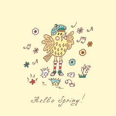 Hello Spring. Funny cartoon yellow bird. Hand drawn doodles vector illustration