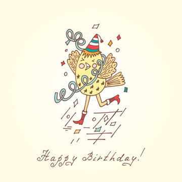 Funny bird. Colorful Birthday card. Happy birthday. Hand drawn cartoon doodle bird