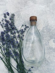 Glass bottle with cork and blue blooming lavender on a concrete gray background