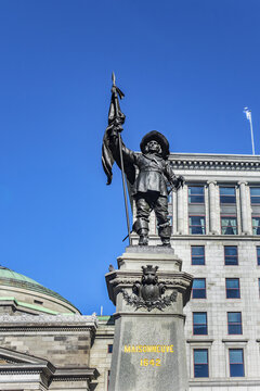 Imposing Monument Paul Chomedey de Maisonneuve (erected in 1895) at Place d'Armes, Montreal, Canada. Monument erected in memory of Paul Chomedey de Maisonneuve (1612 - 1676) - founder of Montreal.