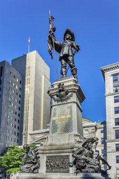 Imposing Monument Paul Chomedey de Maisonneuve (erected in 1895) at Place d'Armes, Montreal, Canada. Monument erected in memory of Paul Chomedey de Maisonneuve (1612 - 1676) - founder of Montreal.
