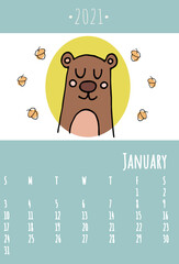 Calendar 2021. Cute calendar 2021 for kids. Can be used at school or children’s bedrooms. Zoo and animals concept calendar. Vector template.
