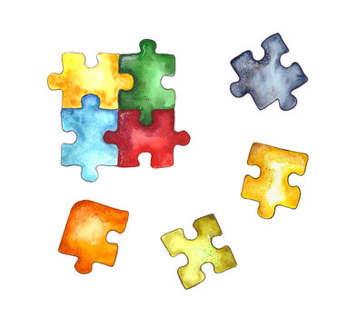 Watercolor illustration.children's puzzle paper puzzle, colorful puzzle pieces. Isolated on a white background