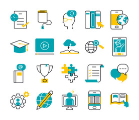 global sphere and education online icon set, half line half color style