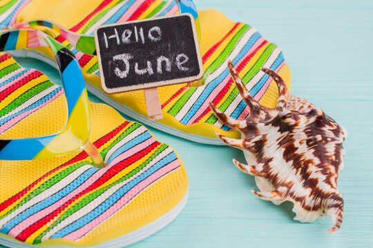 Pair of bright beach flip-flops and little seashell on the blue background. Hello june on nameplate.