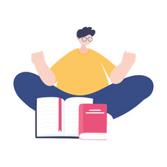 stay at home, young man with book sitting on floor, self isolation, activities in quarantine for coronavirus