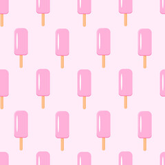 Pink ice cream on a stick. Seamless vector pattern