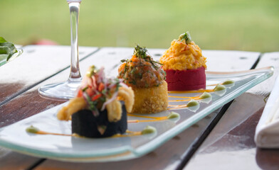 Gourmet food. Elegant restaurant dish presentation. Closeup of salmon sushi rolls dish served outside.