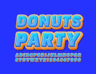 Vector holiday poster Donuts Party with Glazed Donut Font. Sweet cake Alphabet Letters and Numbers