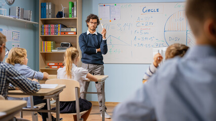 Enthusiastic Teacher Explains Lessons and Asks Questions from a Classroom Full of Bright Diverse Children. In Elementary School Group of Smart Multiethnic Kids Learning Science and Creative Thinking