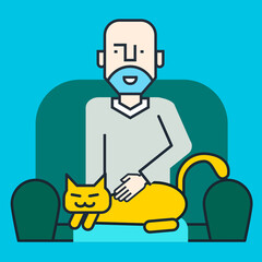 A man sits in quarantine at home and strokes a red cat