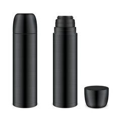 Black thermoses or Dewar bottles realistic design mockups set for your brand. Metal travel mugs.