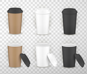 Coffee cups closed and open brown, white, black mockups set. Disposable containers with lids.