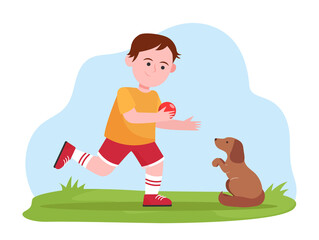 Little boy playing with dog. Pupil, puppy, ball flat vector illustration. Animals and childhood concept for banner, website design or landing web page