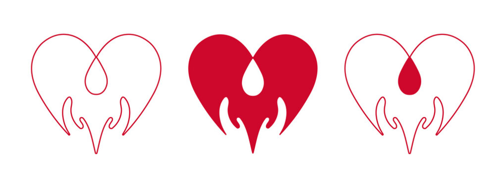 Logo concept for donate blood. Hands in the shape of heart with blood drop.
Medical theme graphic logo for use in charitable organizations. Red and white colors.