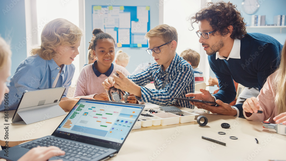 Poster elementary school robotics classroom: diverse group of brilliant children with enthusiastic teacher 