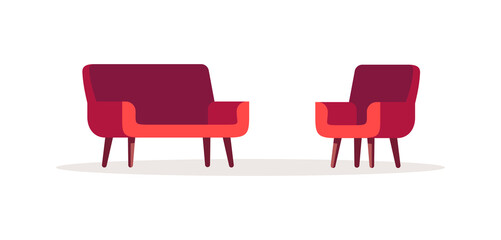 Fototapeta premium Red chair and couch semi flat RGB color vector illustration. Sofa and armchair for psychological consultation. Comfortable home interior. Office furniture isolated cartoon object on white background