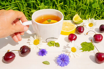 Herbal tea with lemon and mint on white wooden tray on grass background. Around - chamomile flowers and cornflowers, cherries, slices of lemon and lime. The concept of healthy summer homemade drinks
