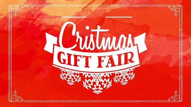 christmas gift fair sign with white papercut snowflakes garland attached to ribbon with letters over red background