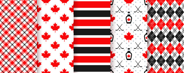 Obraz premium Canada seamless pattern. Vector. Happy Canada day textures with maple leaf, stripe, syrup, hockey stick, plaid and rhombuses. Set of Canadian prints. Red black illustration.