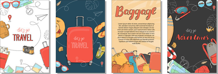 Set of posters on the theme of summer travel, leisure and adventure. Documents, Luggage and travel accessories. Hand-drawn.