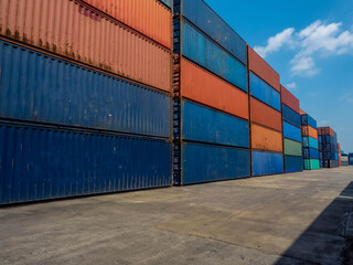 Cargo have forklift container full blue and red color copy space import export shipping logistics industry business commercial economic trade down effect corona virus disease crisis