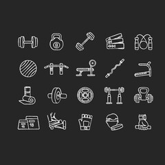 Home gym equipment chalk white icons set on black background. Strength training, physical activity. Professional gears for sport and indoor exercises. Isolated vector chalkboard illustrations
