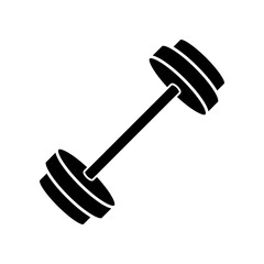 Barbell black glyph icon. Health club, gym equipment for intense strongman training. Bodybuilding, powerlifting silhouette symbol on white space. Bar with weight plates vector isolated illustration