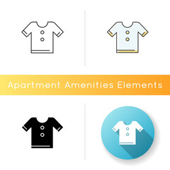 T shirt icon. Clothes for washing. Fashionable tee for wearing. Garment with buttons. Online shopping for men and women apparel. Linear black and RGB color styles. Isolated vector illustrations