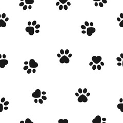 Fototapeta na wymiar Seamless pattern with heart sign animal footprints. Dog paw vector illustration background.