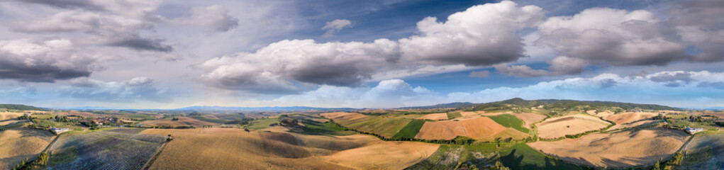 Fototapeta na wymiar Panoramic aerial view of Tuscany Hills in summer season, Italy