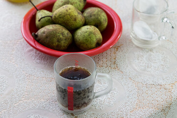 Bubble drink and pears.