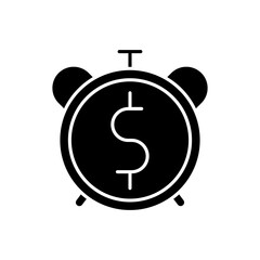 Countdown to payout black glyph icon. Alarm clock with dollar sign. Future fund. Money viability. Financial asset. Bank payback. Silhouette symbol on white space. Vector isolated illustration