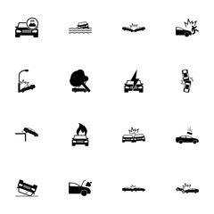 Car Crashes icon - Expand to any size - Change to any colour. Perfect Flat Vector Contains such Icons as accident, wreck, flood, casualty, pedestrian, cliff, fallen tree, lightning strike, arson, fire