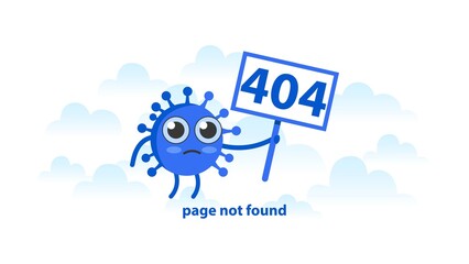Cartoon character of coronavirus. Error 404. Page not found. Trouble internet connection. Search problem page concept.