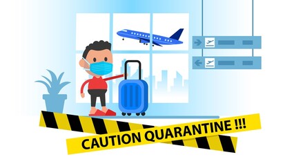 Young man at the airport terminal with suitcase. Coronavirus quarantine.
