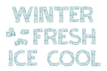 Drawn ice cubes word art. Clip art set winter fresh on white background