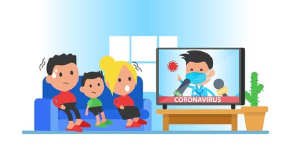 Family watch TV news sitting on the sofa. Quarantine, coronavirus, stay home, stay healthy.