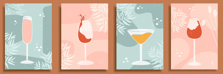 Abstract still life in pastel colors posters. Collection of contemporary art. Elements and shapes for social media, postcards, print. Hand drawn glasses, wine, drops, champagne, alcohol, cocktail.