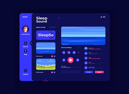 Relaxing sounds tablet interface vector template. Mobile app page night mode design layout. Audio player menu screen. Flat UI for application. Sleep music playlist on portable device display