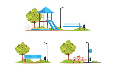Public recreation area semi flat RGB color vector illustrations set. Outdoor playground. Picnic table with no people. Summer puting and leisure isolated cartoon objects on white background
