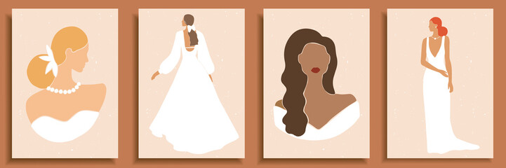 Set of abstract female shapes and silhouettes on textured background. Abstract women portraits in wedding dresses in pastel colors. Collection of contemporary art posters, social media background