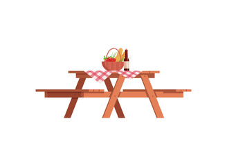Picnic table semi flat RGB color vector illustration. Checked table cloth. Table with attached benches for outdoor dining. Food and drinks. Isolated cartoon object on white background